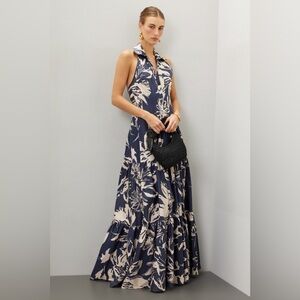 Chic Floral Maxi Dress in Navy and Cream